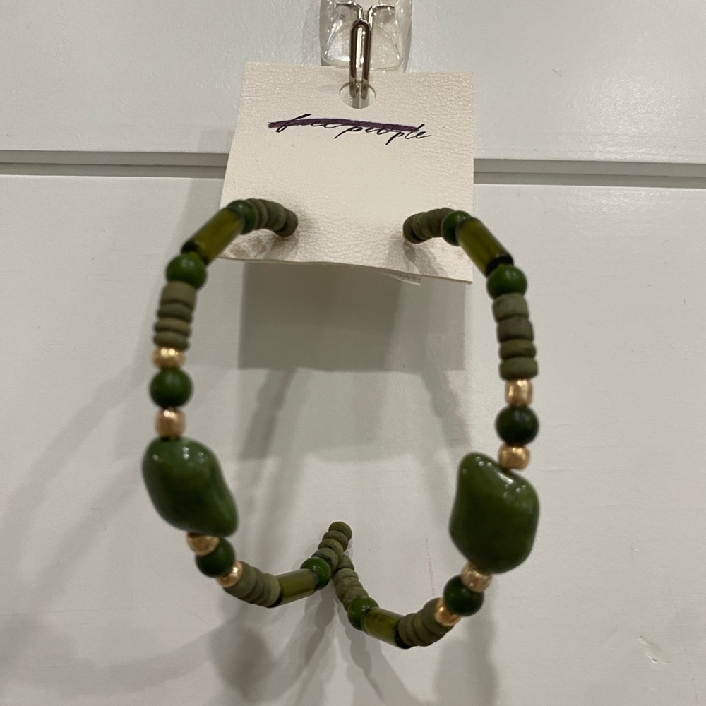 Free People Green Stone and Beaded Half Hoop Earrings